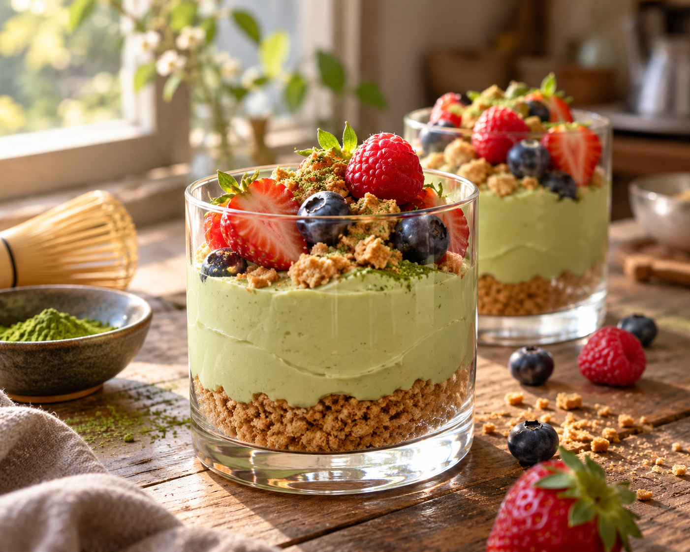 No-Bake Matcha Cheesecake im Glas
