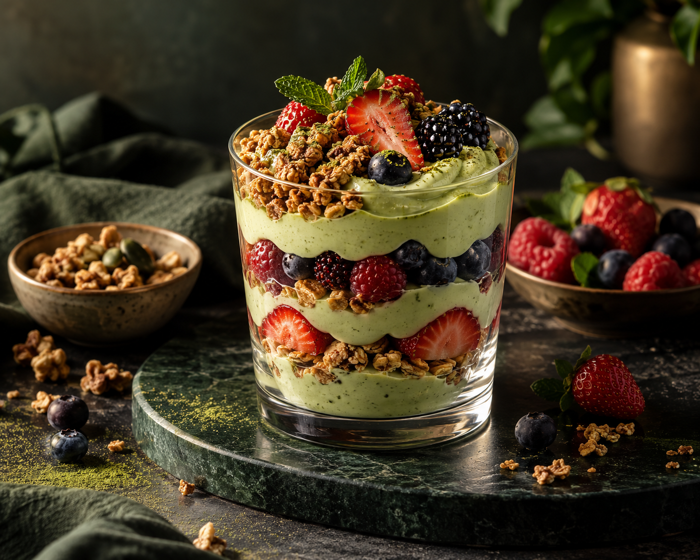 Matcha Joghurt-Parfait mit Beeren & Granola